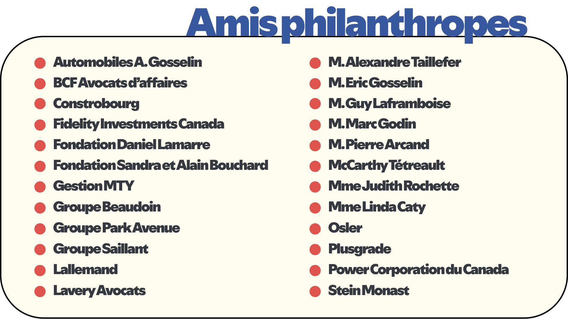 Amis philanthropes
•	Automobiles A. Gosselin
•	BCF Avocats d’affaires
•	Constrobourg
•	Fidelity Investments Canada
•	Fondation Daniel Lamarre
•	Fondation Sandra et Alain Bouchard
•	Gestion MTY
•	Groupe Beaudoin
•	Groupe Park Avenue
•	Groupe Saillant
•	Lallemand
•	Lavery Avocats
•	M. Alexandre Taillefer
•	M. Eric Gosselin
•	M. Guy Laframboise
•	M. Marc Godin
•	M. Pierre Arcand
•	McCarthy Tétreault
•	Mme Judith Rochette
•	Mme Linda Caty
•	Osler
•	Plusgrade
•	Power Corporation du Canada
•	Stein Monast
